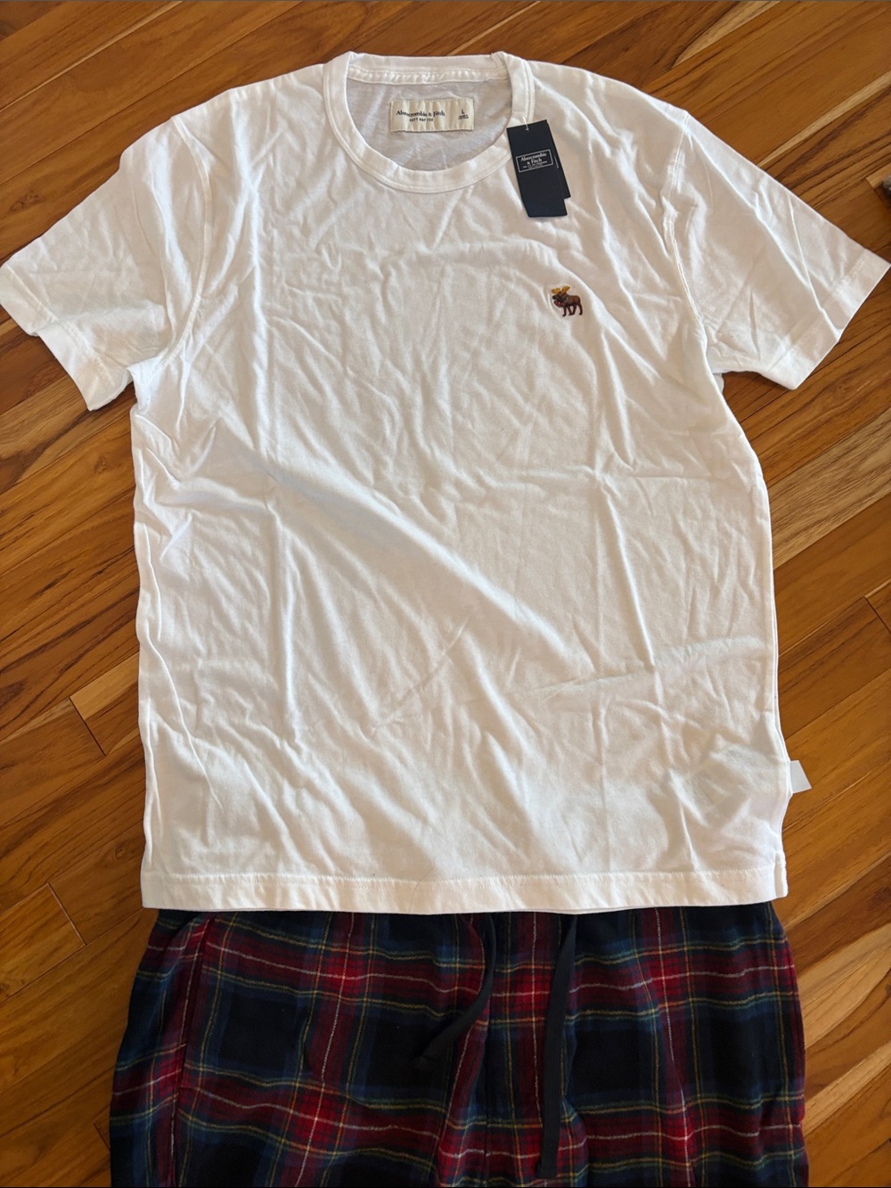 Abercrombie & Fitch White Short-Sleeve Pajama Top with plaid pants